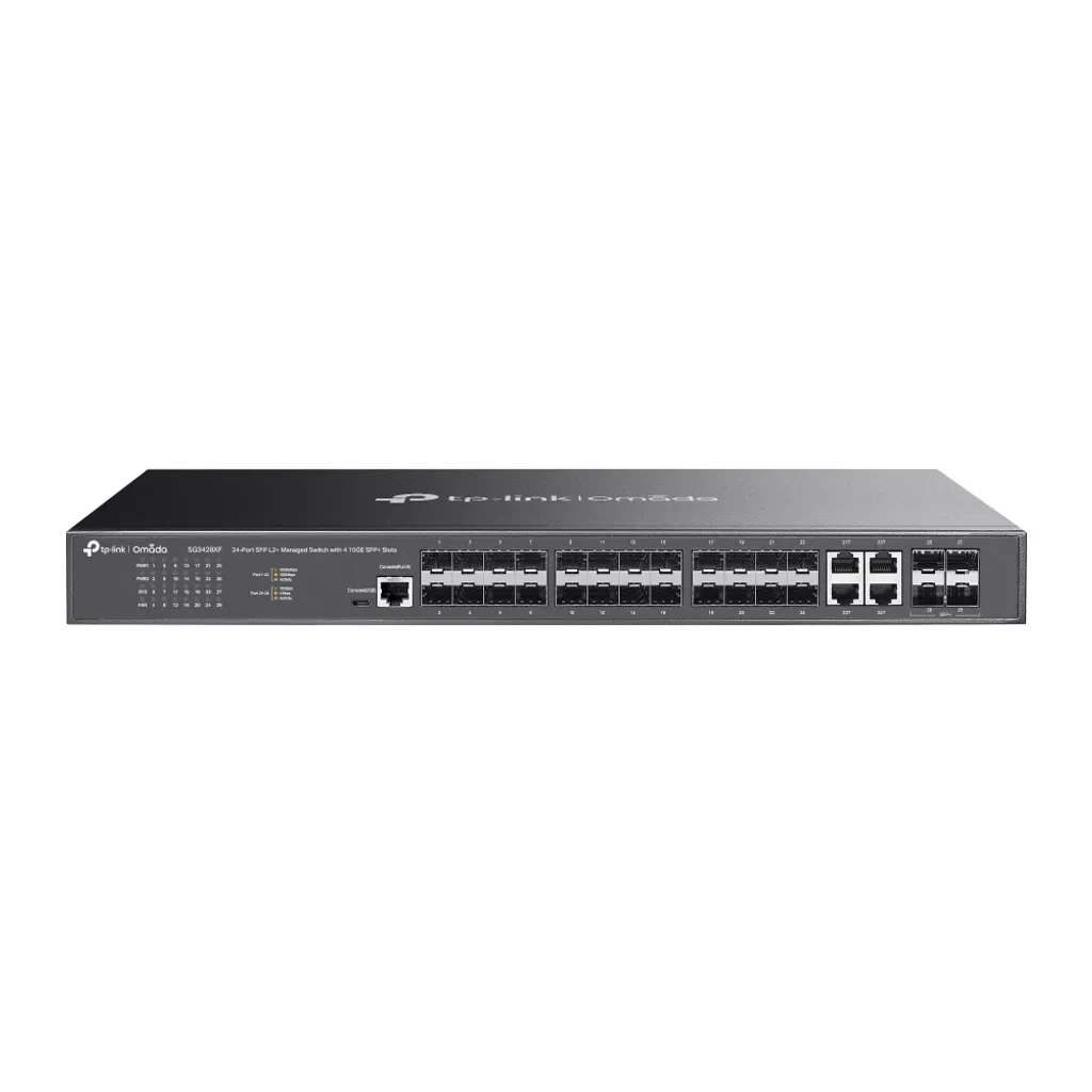 SG3428XF. Switch Omada 24 puertos SFP Gigabit, 4 Puertos SFP 10 Gigabit, 4 puertos combinados Gigabit SFP/RJ45, Características L2 y L2+. 