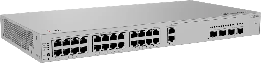 S310S-26PN4JX. Switch Huawei eKitEngine administrable, 24 puertos RJ45 PoE+ con hasta 400 W, 2 puertos Combo Multi-Gigabit 2.5GE), 2 puertos SFP+ 10GE.
