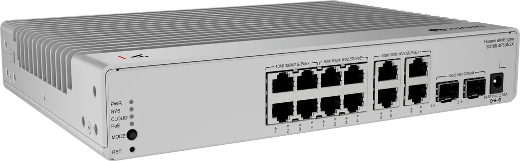 S310S-8P4UN2X. Switch Huawei eKit administrable, 12 puertos RJ45 PoE (8 puertos Gigabit PoE+ y 4 puertos Multi-Gigabit 2.5GE PoE++125 W Totales)  2 puertos SFP+ 10GE.