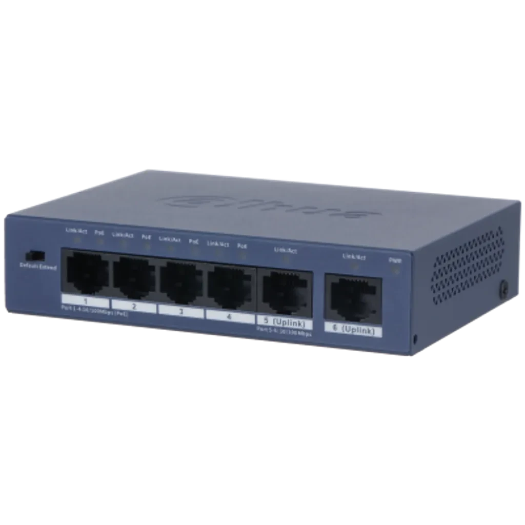 DH-S3006-4ET-36. Switch Dahua No Administrable, 4 Puertos PoE de 10/100 Mbps y 2 Puertos Uplink de 10/100 Mbps, Potencia PoE Total de 36 W,  Carcasa Metálica y Fuente Incluida.