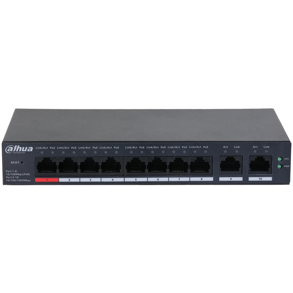 Switch Dahua 8 Puertos PoE 10/100 2 puertos uplink 10/100/1000 administrado DH-CS4010-8ET-110.