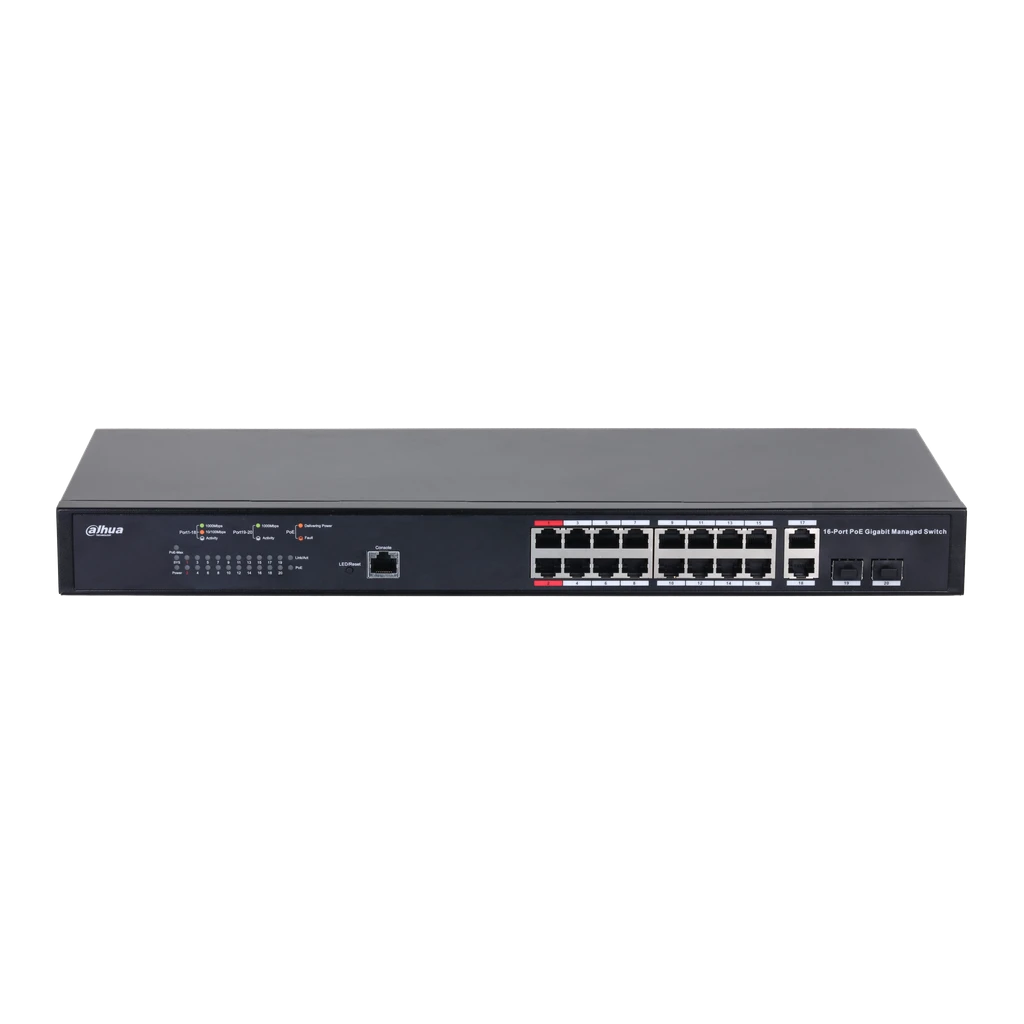 Switch administrable de 16 Puertos PoE Gigabits 2 puertos SFP combos 130W 1 pue. DH-PFS4218-16GT-130.
