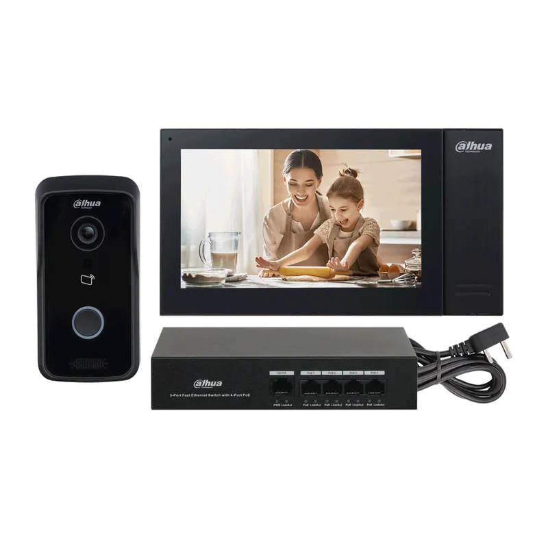 DHI-KTP02/DHI-VTO2111D-P-S3/DHI-VTH2421FB-P. KIT VIDEO PORTERO IP DAHUA. CABLEADO. INCLUYE SWITCH.