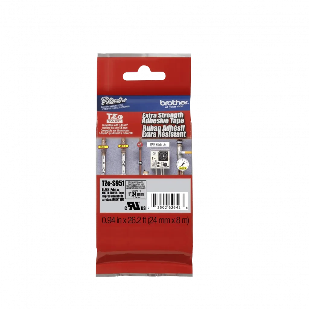 TZeS951. Cinta BROTHER E-P 24mm Negro en Plateado 8mt p/PT-E550WVP/D600VP/P900W