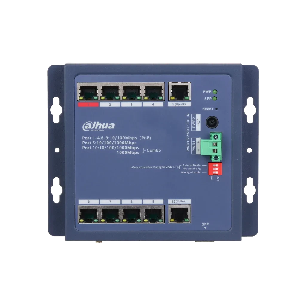 DH-CHS4110-8ET-90-F. Switch Dahua Formato Industrial, 8 Puertos Poe 10/100 + 2 Puertos uplink 1000, + 1 Puerto SFP 1000,  Capa 2, Protección IP30 y IK06.