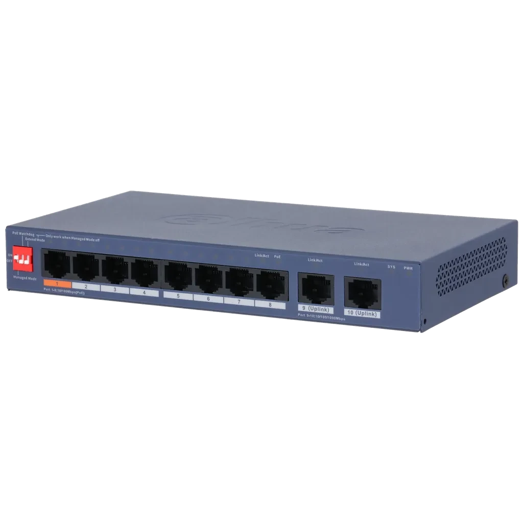 DH-CS4010-8ET2GT-60. Switch PoE Dahua, 8 Puertos 10/100M y 1 puertos Uplink 10/100/1000, Total de Potencia 60W, Capa 2.